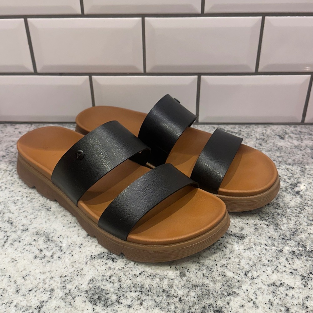 Reef Black and Tan Double Strap Slide Sandals